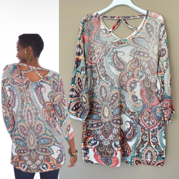 Chico's Sweaters - SOLD Chicos XL Paisley Sweater Cross Back Long Tunic Length Colorful 3/4 Sleeve